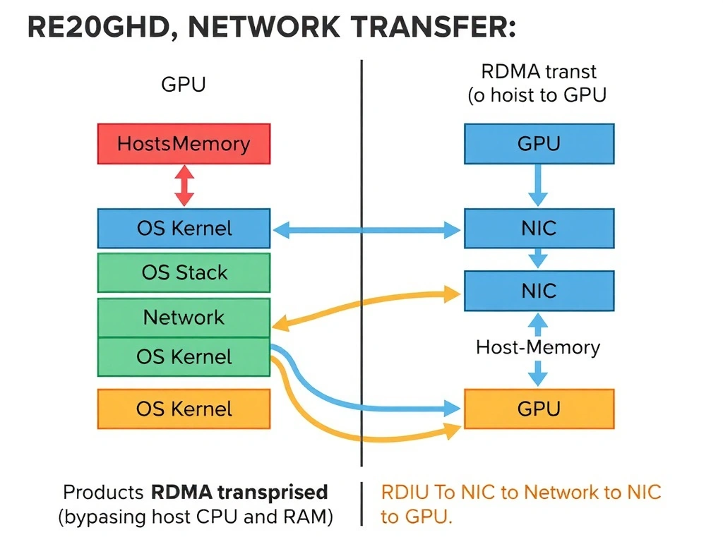 A comparison diagram showing traditional network transfer (GPU to Host Memory to OS Kernel to TCP Stack to NIC to Network to NIC to TCP Stack to OS Kernel to Host Memory to GPU) versus RDMA transfer (GPU to NIC to Network to NIC to GPU), bypassing host CPU and RAM.