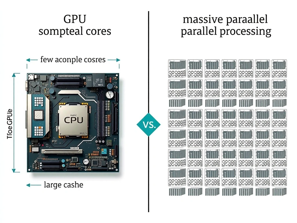 Architectural comparison diagram showing a CPU with a few large, complex cores and a large cache next to a GPU with thousands of small, simple cores, illustrating sequential processing vs. massive parallel processing.