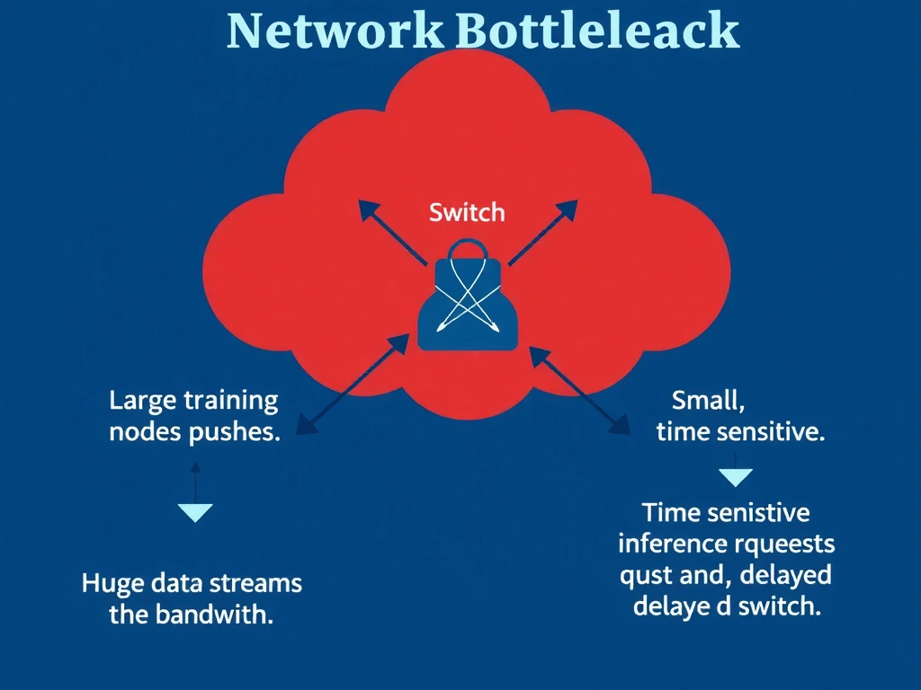 A network bottleneck diagram showing a shared network switch. One path shows large training nodes pushing huge data streams (saturating the bandwidth), while the other path shows small, time-sensitive inference requests getting queued and delayed at the switch.