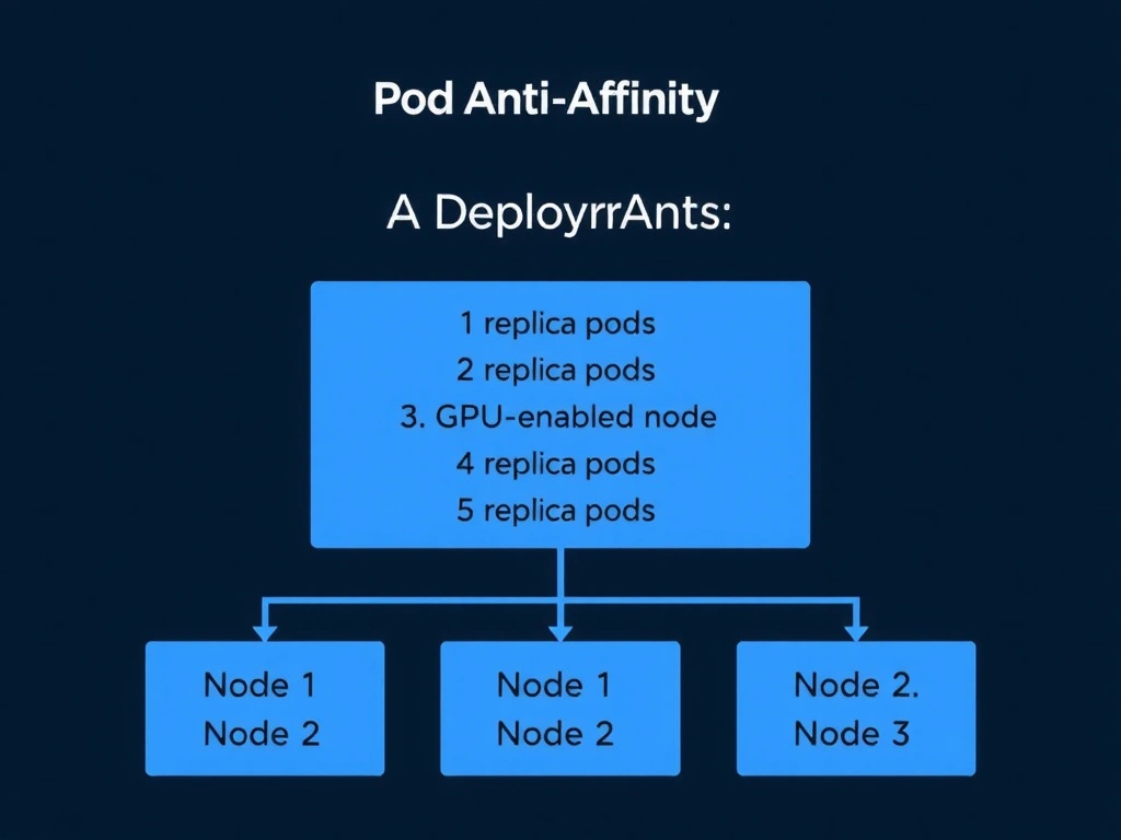 Kubernetes scheduling diagram showing Pod Anti-Affinity in action: a deployment with three replica pods is distributed across three separate GPU-enabled nodes (Node 1, Node 2, Node 3) rather than co-locating on a single node.