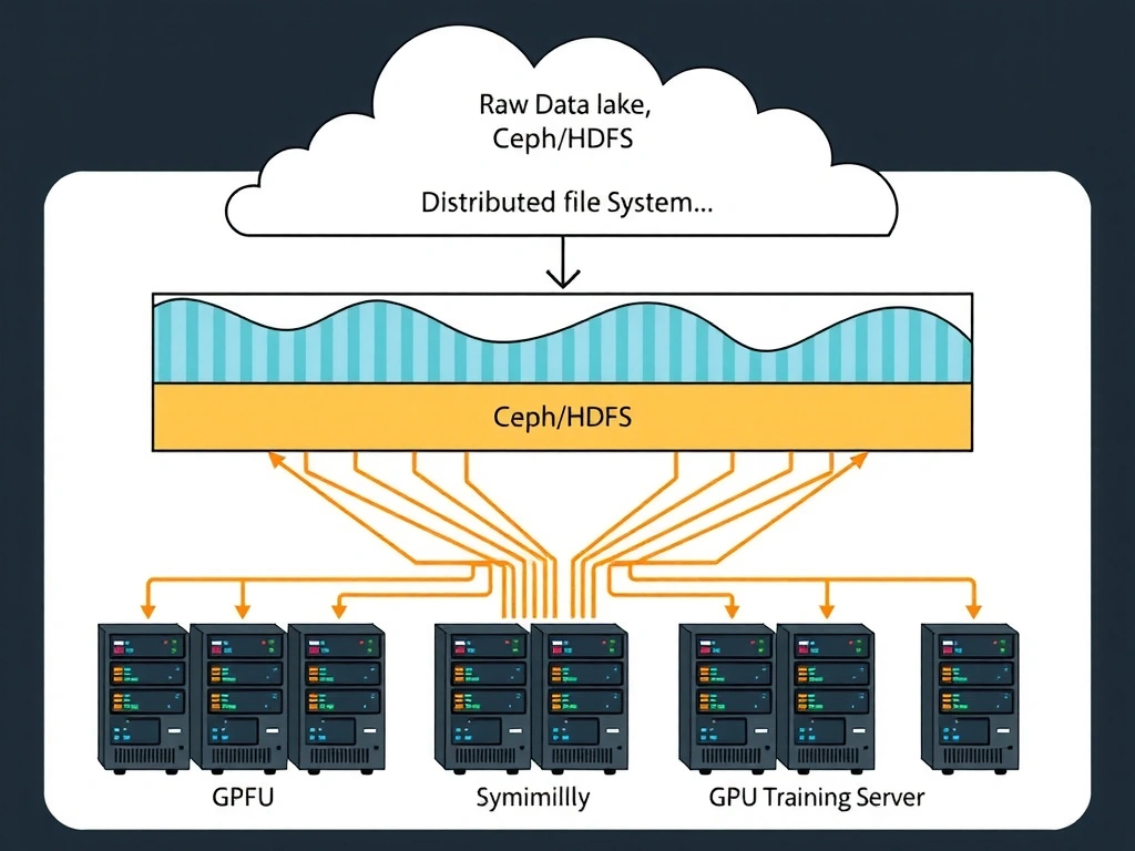 An architectural layout of a storage subsystem. It shows raw datasets (video, audio, text) flowing into a Data Lake. The data is managed by a Distributed File System (Ceph/HDFS) which splits files across multiple storage nodes, enabling parallel high-speed data streams directly to a cluster of GPU nodes.