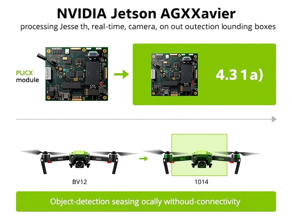 An embedded hardware diagram showing the NVIDIA Jetson AGX Xavier module processing real-time camera inputs on an autonomous drone and outputting object-detection bounding boxes locally without cloud connectivity.
