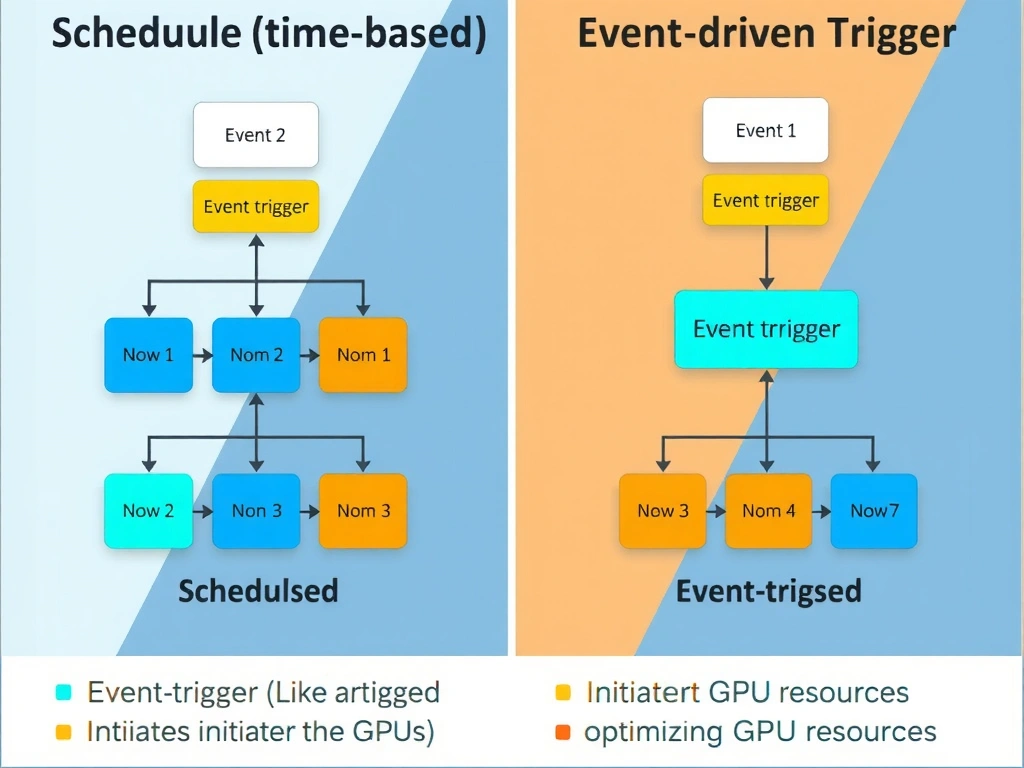 The comparison between scheduled (time-based) and event-driven trigger architectures in an MLOps pipeline, showing how an event-trigger (like a new data arrival in a bucket) initiates the pipeline dynamically, optimizing GPU resources.