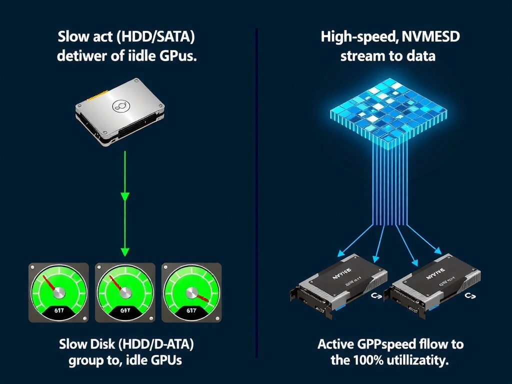 A comparison graphic showing two data paths. The first path shows a slow storage disk (HDD/SATA) bottle-necking data flow to a group of idle GPUs (represented by low-percentage dials). The second path shows high-speed NVMe SSDs sending a thick, high-speed stream of data directly to active GPUs showing 100% utilization.