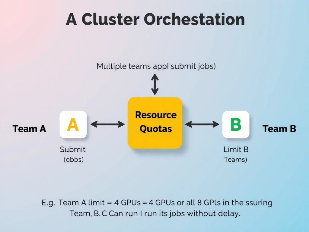 A cluster orchestration diagram. On one side, multiple teams (Team A, Team B) submit jobs. In the middle, the orchestrator applies Resource Quotas (e.g., Team A limit = 4 GPUs, Team B limit = 4 GPUs), preventing Team A from consuming all 8 GPUs in the cluster and ensuring Team B can run its jobs without delay.