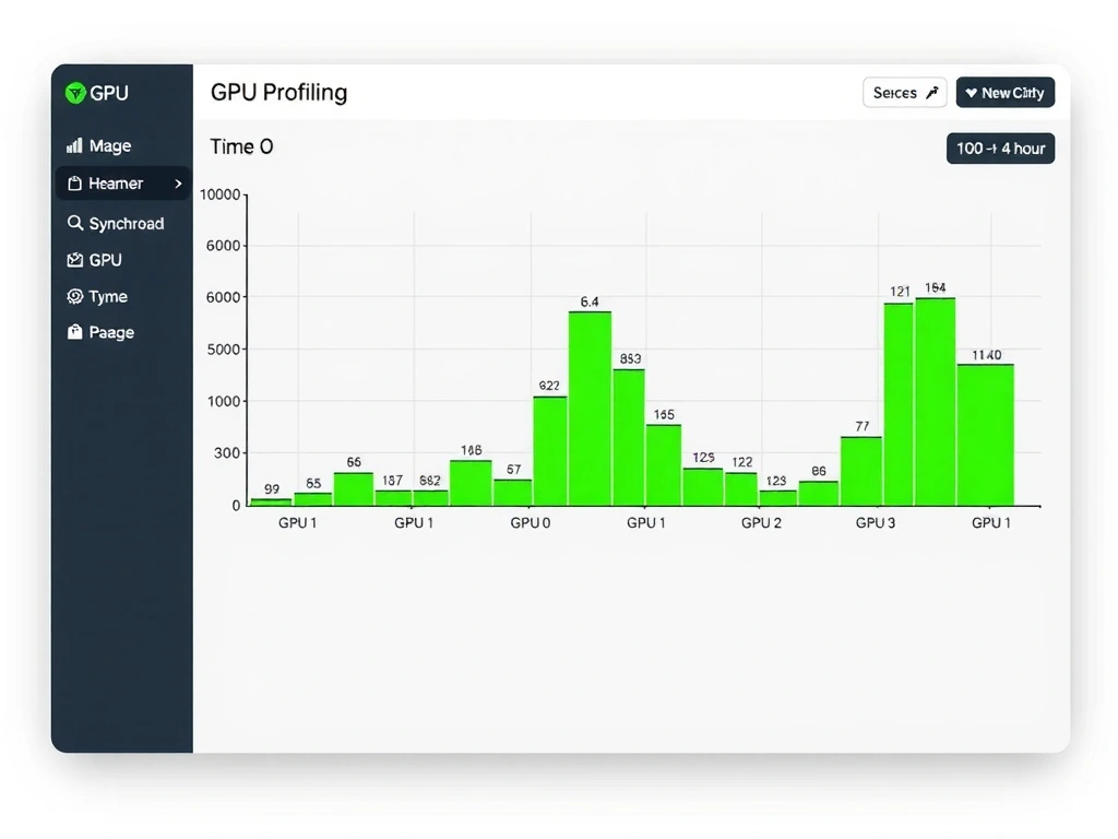 A mockup of a GPU profiling dashboard. The main window displays a heatmap with GPU 0, GPU 1, GPU 2, and GPU 3 on the Y-axis and Time (0 to 4 hours) on the X-axis. Bright green blocks represent high utilization, while black gaps indicate periods of idle time, highlighting synchronization gaps.