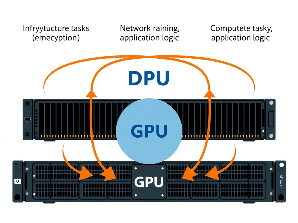 An architectural block diagram showing a CPU, GPU, and DPU on a server board. Arrows show infrastructure tasks (encryption, network routing, storage virtualization) being handled exclusively by the DPU, while compute tasks (training, application logic) are routed directly between the CPU and GPU.