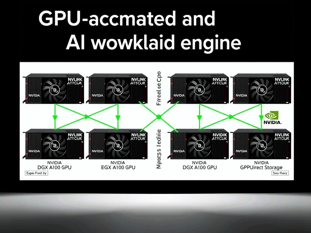 DGX A100 system architecture showing eight A100 GPUs prominently featured, NVIDIA NVLink interconnects forming a mesh between GPUs, GPUDirect Storage path bypassing CPU to storage. Label as "GPU-accelerated AI workload engine."