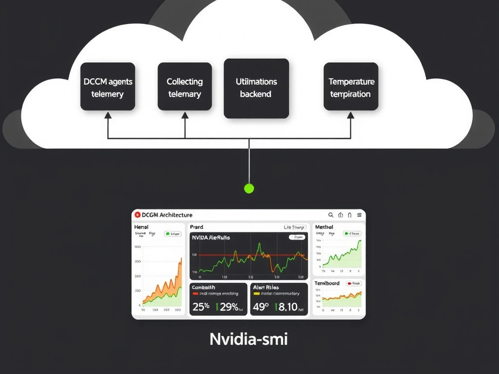 Monitoring architecture showing DCGM agents on each GPU node collecting telemetry, centralizing into a monitoring backend (Prometheus/Grafana), rendering a dashboard with GPU health, utilization trends, temperature monitoring, and alert rules. Show nvidia-smi as a one-off tool in contrast.