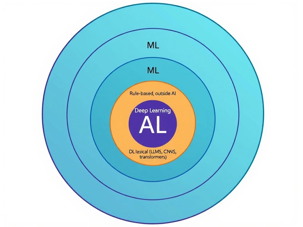 Concentric circles or Venn diagram showing AI as the largest circle, Machine Learning nested inside as a medium circle, Deep Learning as the smallest circle inside ML. Label the regions showing examples: rule-based AI outside ML, classical ML outside DL, and DL examples (LLMs, CNNs, transformers) at the core.