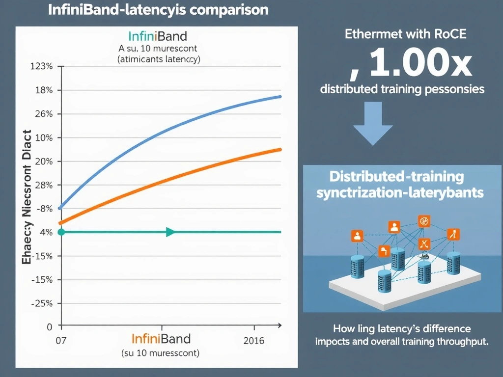 Latency comparison chart showing InfiniBand achieving sub-10 microsecond latencies across a range of message sizes, Ethernet with RoCE showing 10–100x higher latencies. Overlay a distributed training synchronization scenario showing how the latency difference impacts overall training throughput.