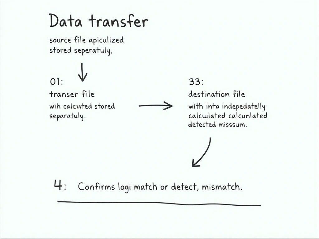 Data transfer workflow showing (1) source file with calculated checksum stored separately, (2) transfer path, (3) destination file with independently calculated checksum, (4) comparison logic confirming match or detecting mismatch.