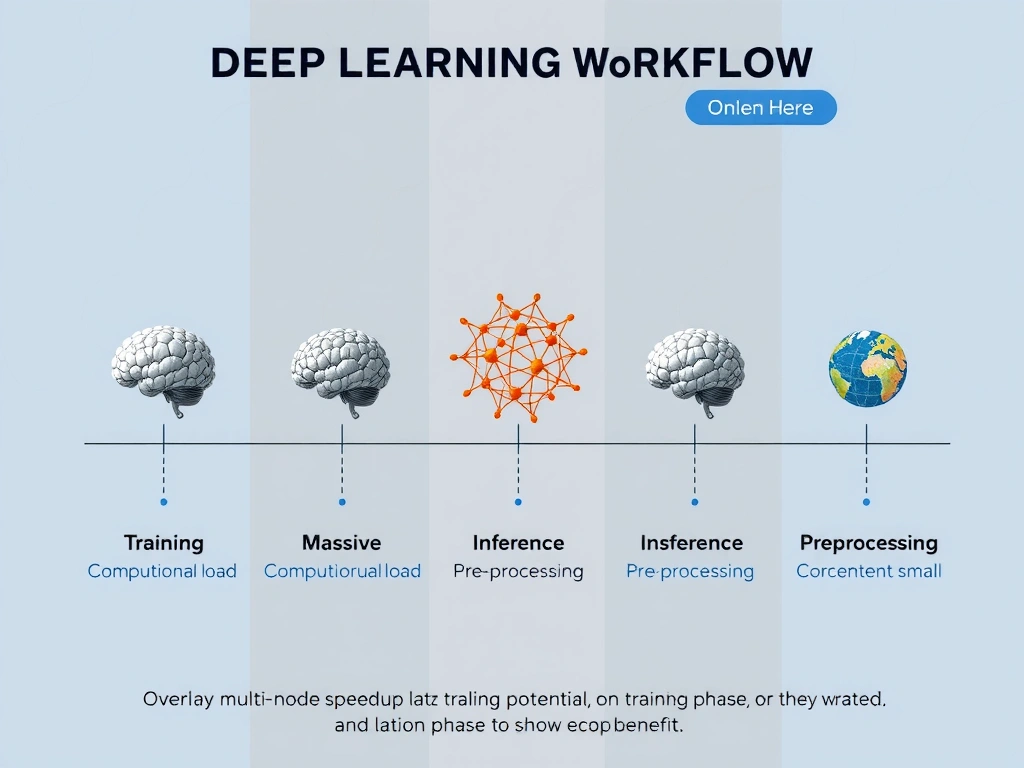 Deep learning workflow timeline showing relative compute demands of each phase. Training shown as massive computational load, inference as moderate, preprocessing as small. Overlay multi-node speedup potential on training phase to show the benefit.