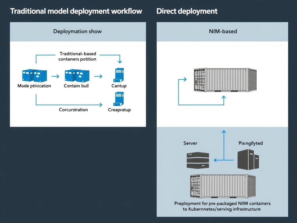 Traditional model deployment workflow versus NIM-based deployment. Traditional shows multiple steps (model optimization, container building, server setup, orchestration). NIM-based shows direct deployment from pre-packaged NIM container to Kubernetes/serving infrastructure.