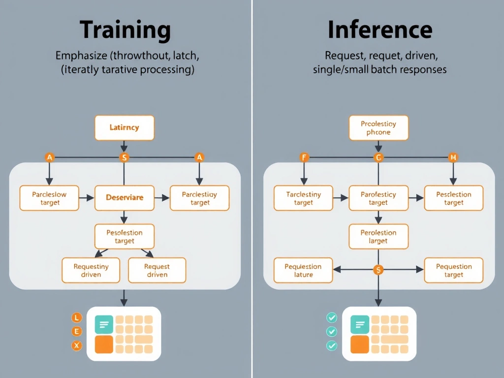 Side-by-side workflow diagrams for training (emphasizing throughput, large batches, iterative processing) and inference (emphasizing latency, request-driven, single/small batch responses). Show different optimization targets.