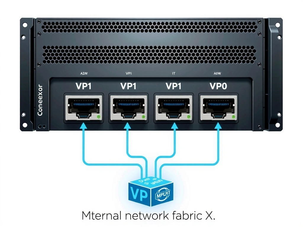 DGX A100 back-panel diagram showing the four Mellanox ConnectX-6 network ports, each labeled with VPI capability. Show how they connect to the external network fabric.