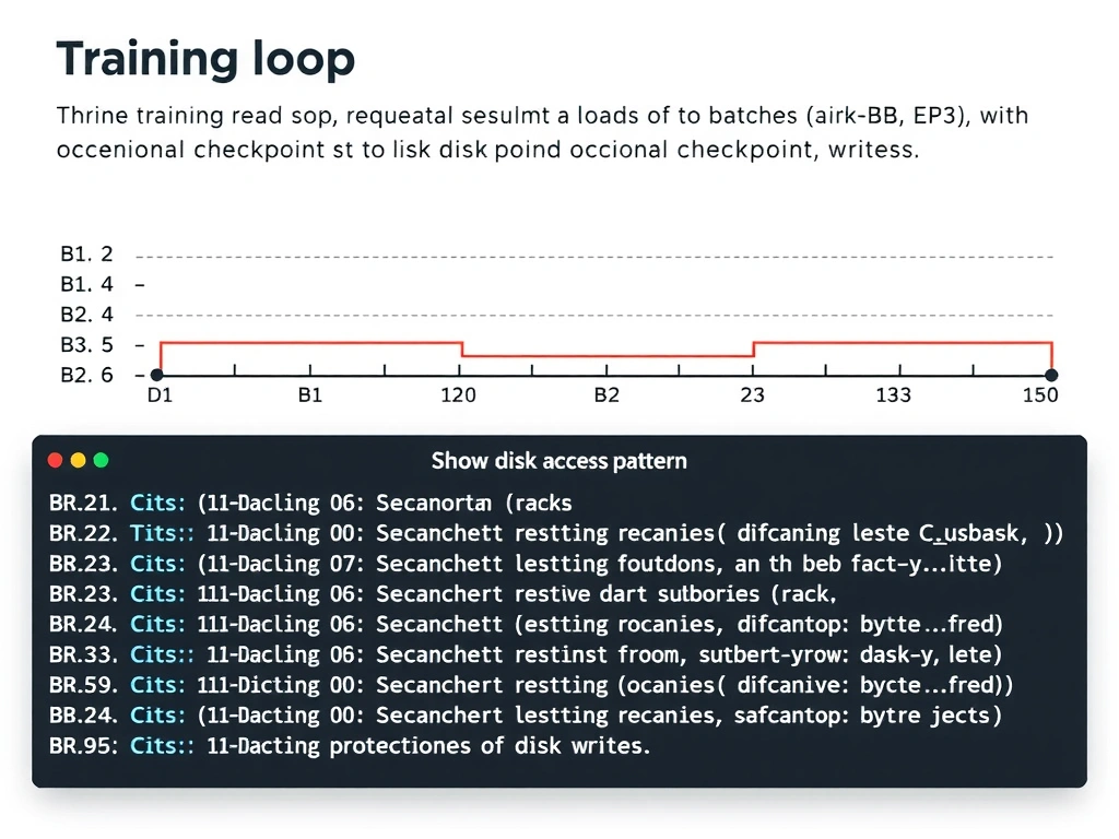 Training loop timeline showing repeated sequential reads of batches (B1, B2, B3, ...), with occasional checkpoint writes. Show disk access pattern: sequential read stream with sparse writes.