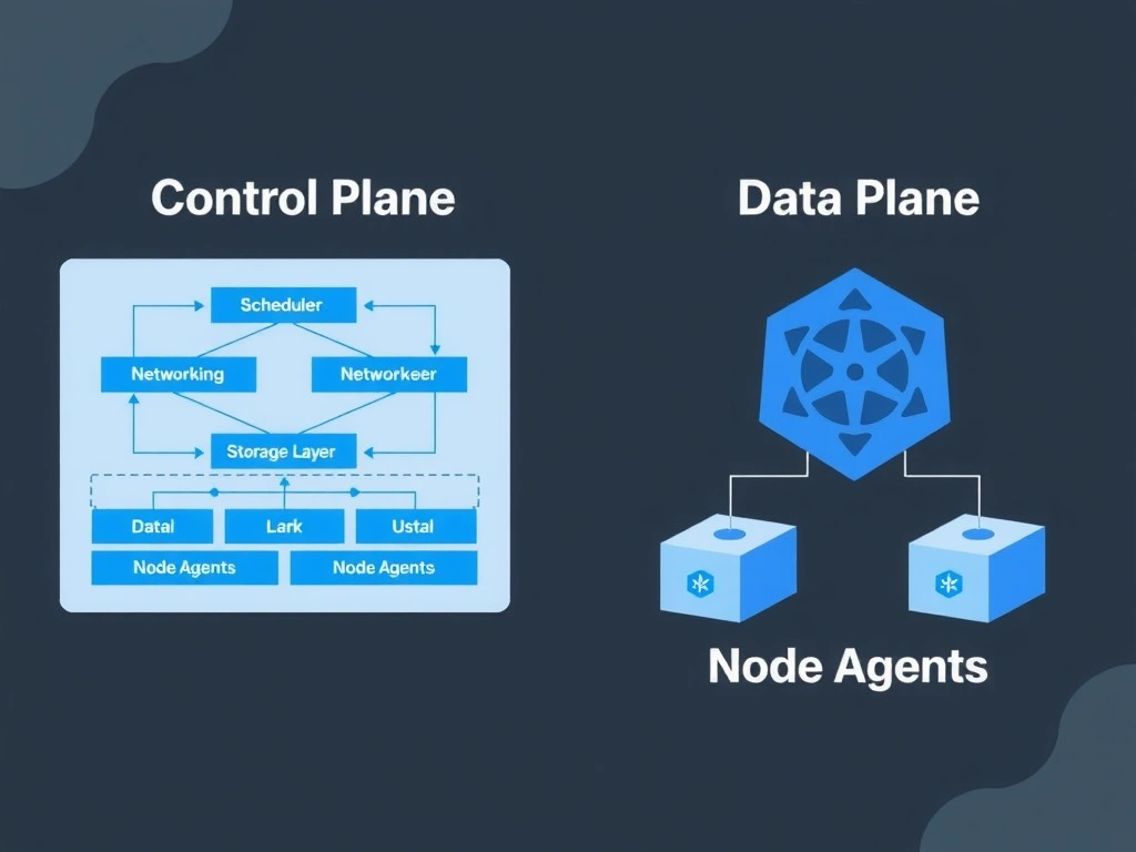 Kubernetes control plane and data plane showing scheduler, networking layer, storage layer, and node agents managing containerized workloads across multiple nodes.