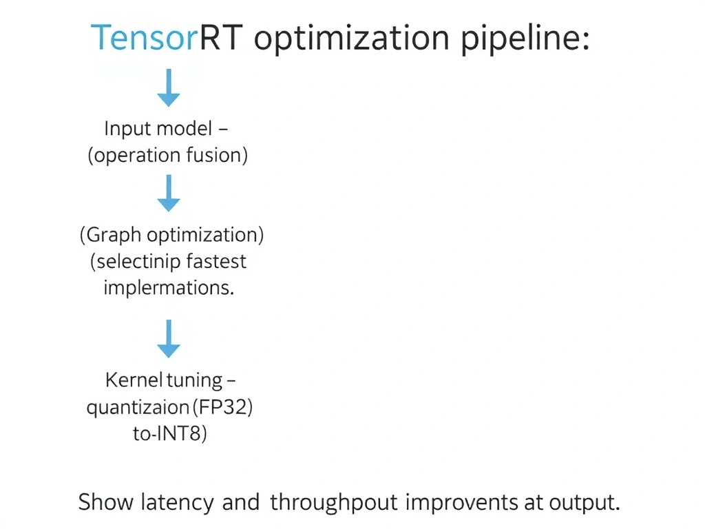 TensorRT optimization pipeline showing input model → graph optimization (operation fusion) → kernel tuning (selection of fastest implementations) → quantization (FP32 to INT8). Show latency and throughput improvements at output.