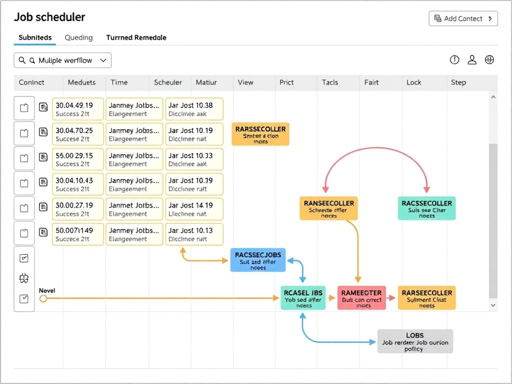 Job scheduler workflow showing multiple submitted jobs queued, scheduler evaluating resource availability and policies, intelligent allocation decisions placing jobs on nodes.