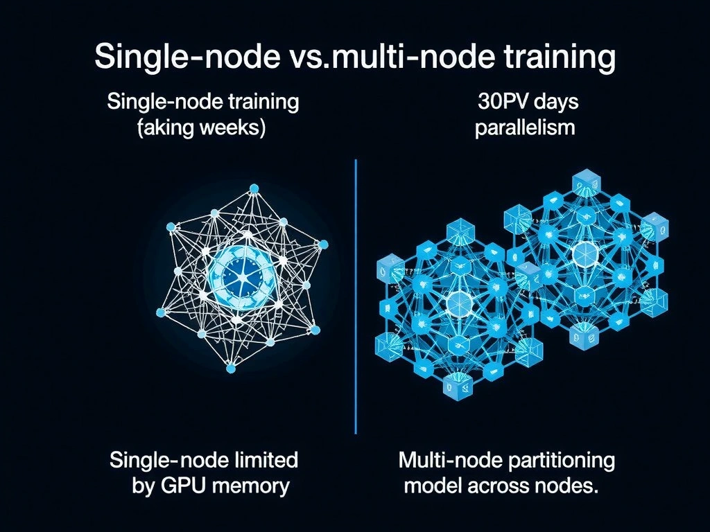 Single-node vs. multi-node training comparison showing single node training taking weeks, multi-node training taking days (via parallelism). Also show model size scaling: single-node limited by GPU memory, multi-node partitioning model across nodes.