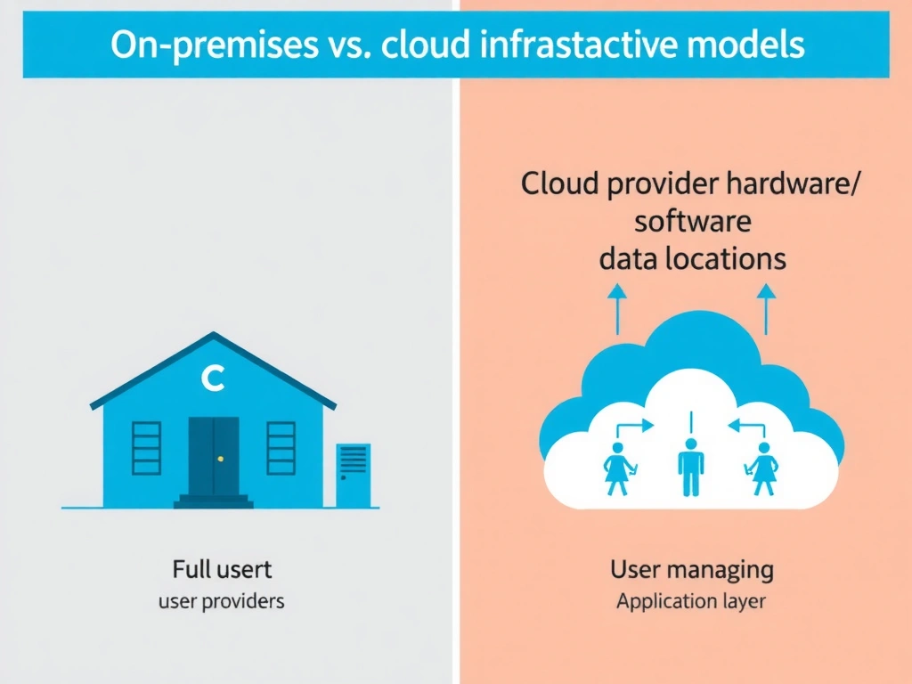 On-premises vs. cloud infrastructure control models. On-premises showing full user control over hardware, software, data location. Cloud showing cloud provider managing hardware/infrastructure, user managing application layer.