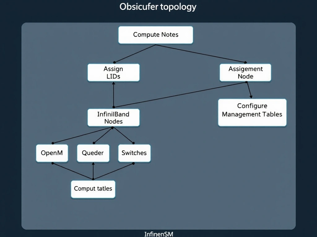 InfiniBand fabric topology showing multiple switches and compute nodes, with OpenSM (running on a management node) discovering topology, assigning LIDs, and configuring routing tables.