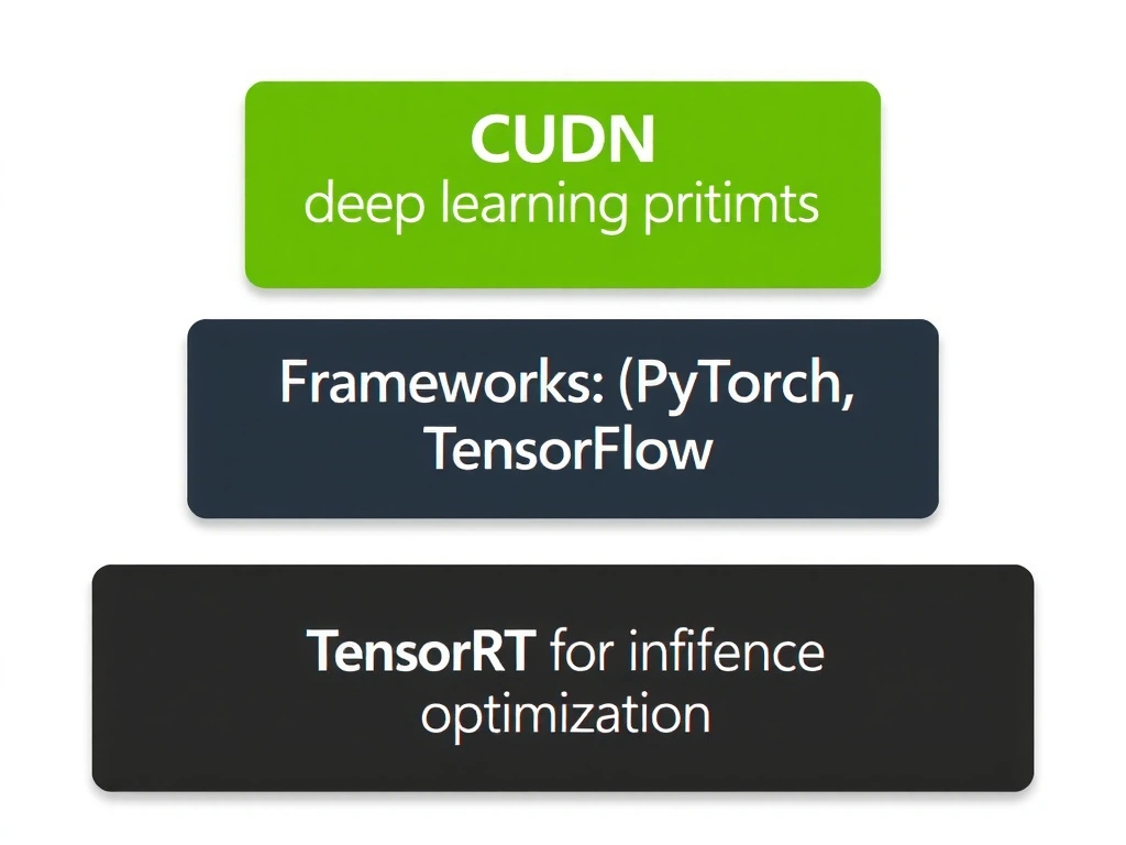 NVIDIA software stack showing CUDA at the base, cuDNN providing specialized deep learning primitives, frameworks (PyTorch, TensorFlow) using cuDNN, and TensorRT for inference optimization layered on top.