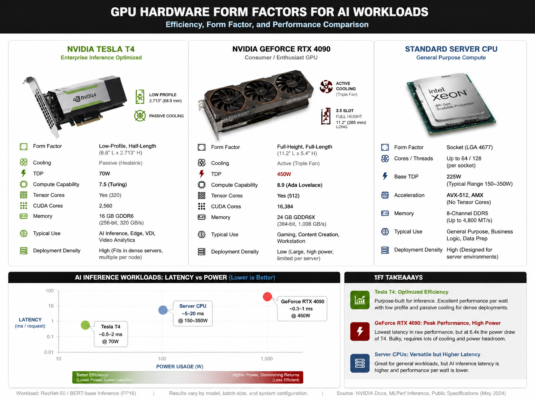 Comparison diagram of GPU hardware form factors for AI workloads: highlighting the enterprise Tesla T4 (low-profile, passive cooling, 70W TDP, Tensor Cores) versus a bulky actively cooled consumer GeForce GPU (450W TDP) and standard server CPUs, mapping out latency vs power usage.