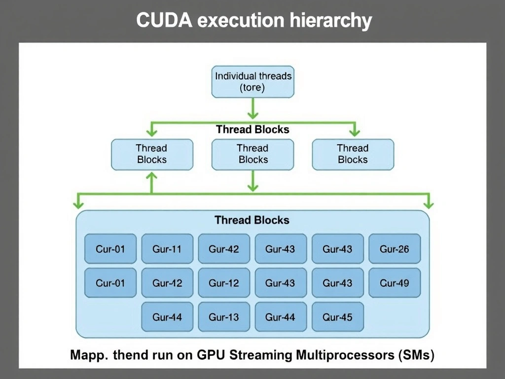 CUDA execution hierarchy diagram illustrating the mapping of individual threads to Thread Blocks, and Thread Blocks to the overall Grid, showing how they run on GPU Streaming Multiprocessors (SMs).