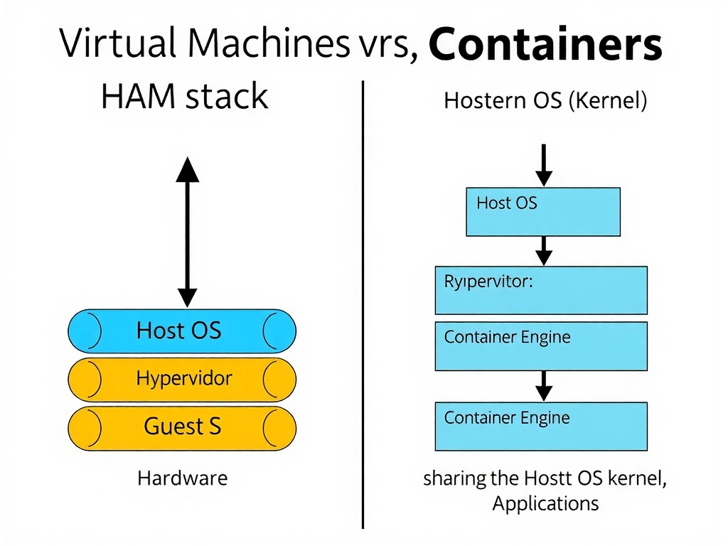 A comparative diagram showing the architecture of Virtual Machines versus Containers. On the left side, the VM stack shows Hardware -> Host OS -> Hypervisor -> Guest OS (repeated for multiple VMs) -> Application. On the right side, the Container stack shows Hardware -> Host OS (Kernel) -> Container Engine -> Containers (sharing the Host OS kernel) -> Applications.