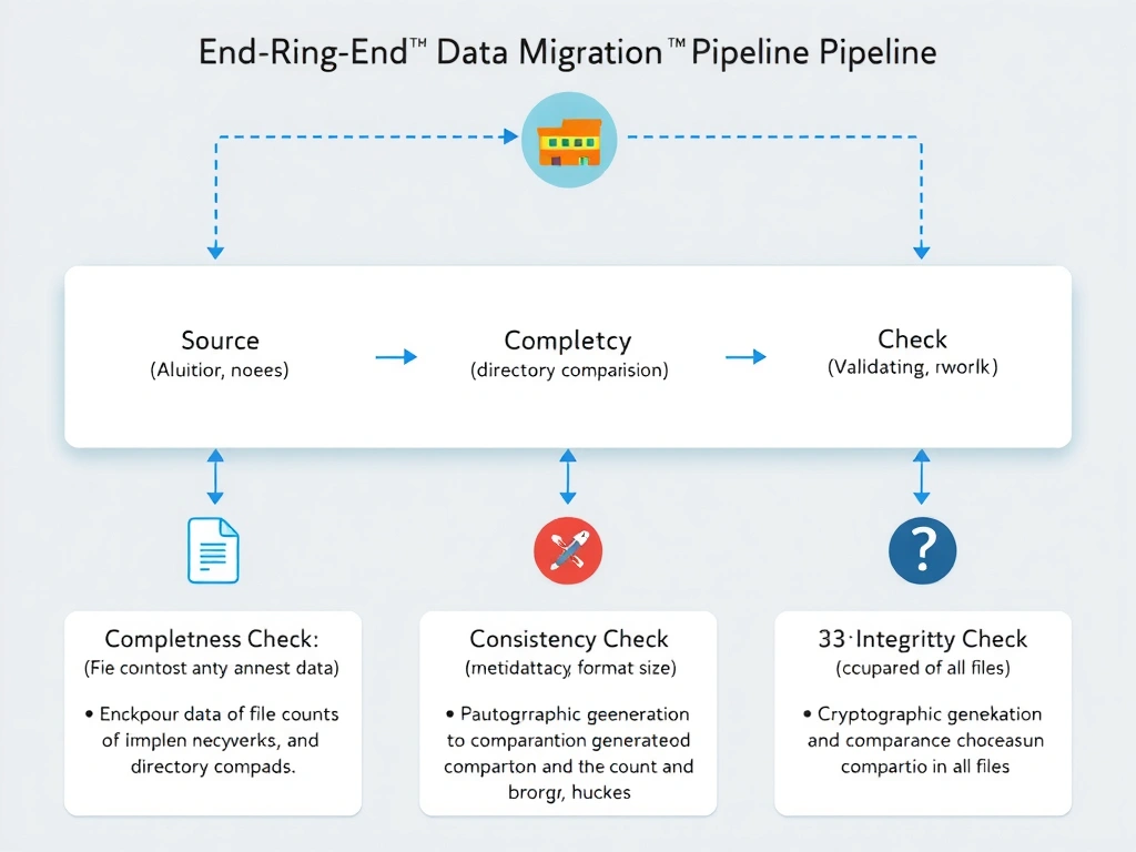 A flowchart illustrating an end-to-end data migration validation pipeline. It shows source data flowing to destination data, with three validation checks: 1) Completeness Check (file count and directory comparison), 2) Consistency Check (metadata, format, size), and 3) Integrity Check (cryptographic checksum generation and comparison of all files).