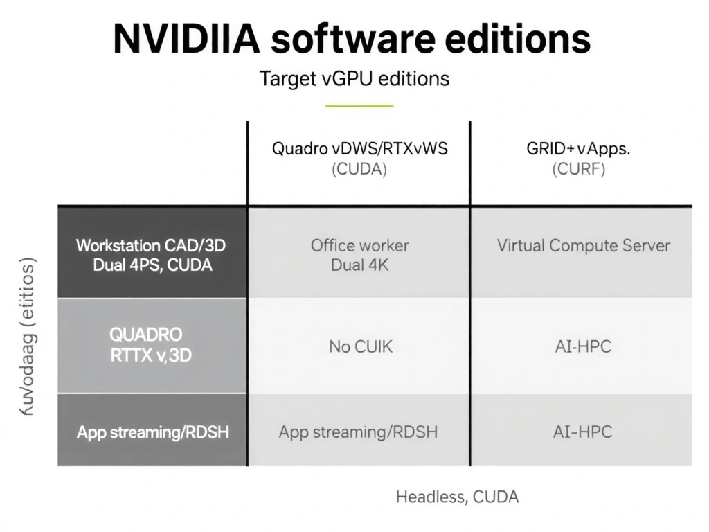A diagram matrix of NVIDIA vGPU software editions comparing target workloads and display capabilities: Quadro vDWS/RTX vWS (Workstation CAD/3D, Quad 4K, CUDA), GRID vPC (Office worker, Dual 4K, No CUDA), GRID vApps (App streaming/RDSH), and Virtual Compute Server (AI/HPC, Headless, CUDA).