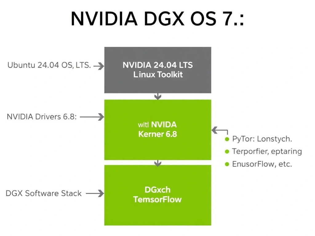 A software stack diagram of NVIDIA DGX OS 7, showing the base layer as Ubuntu 24.04 LTS (with Linux Kernel 6.8), followed by NVIDIA Drivers and CUDA Toolkit, and the top layer as the DGX Software Stack (containing PyTorch, TensorFlow, etc.).