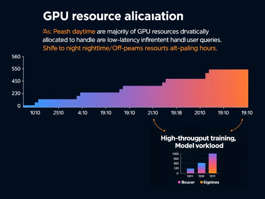 A timeline graph showing GPU resource allocation over a 24-hour cycle. During peak daytime hours, the majority of GPU resources are dynamically allocated to low-latency inference to handle user queries. During nighttime/off-peak hours, resources shift to high-throughput model training workloads.