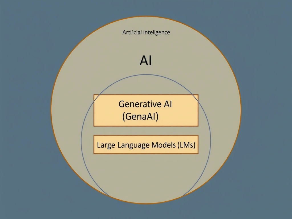 An onion-style Venn diagram or nested boxes diagram. The outermost box is labeled "Artificial Intelligence (AI)". Inside it is a smaller box labeled "Machine Learning (ML)". Inside that is a smaller box labeled "Generative AI (GenAI)". The innermost box is labeled "Large Language Models (LLMs)".