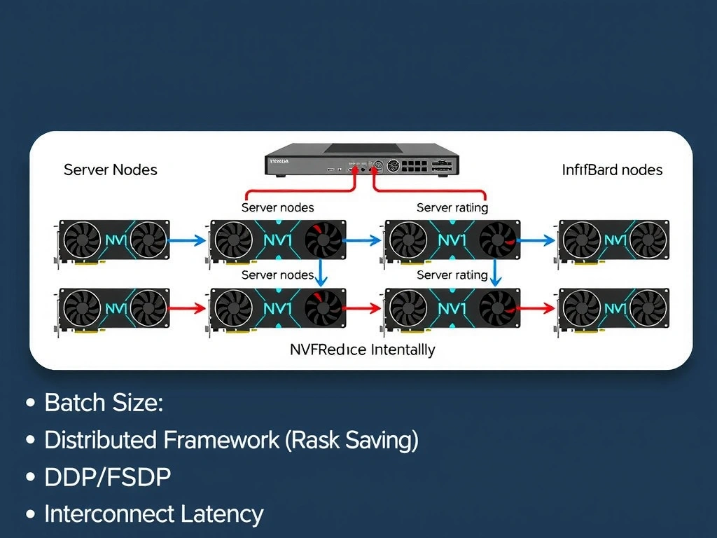 A schematic of a multi-node distributed GPU training setup. It shows 4 server nodes connected via an InfiniBand switch. Each node contains multiple GPUs connected by high-speed NVLink internally. The diagram highlights the flow of gradient updates between nodes during AllReduce operations and lists key tuning variables: Batch Size, Distributed Framework (DDP/FSDP), and Interconnect Latency.