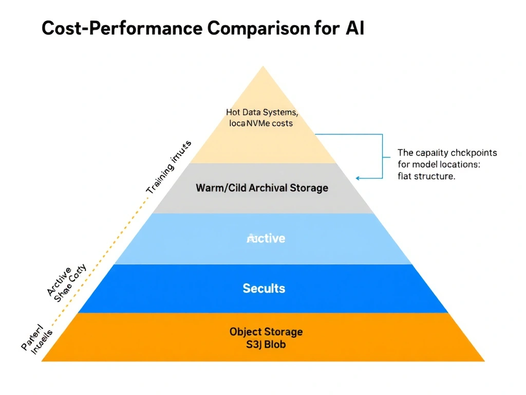 A cost-performance comparison pyramid of storage tiers for AI. The top tier is "Hot Data Storage" (Parallel File Systems, local NVMe SSDs) representing high performance and high cost, used for active training inputs. The bottom tier is "Warm/Cold Archival Storage" (Object Storage like S3/Blob) representing high capacity, low cost, and flat structure, annotated as the ideal location for model checkpoints.