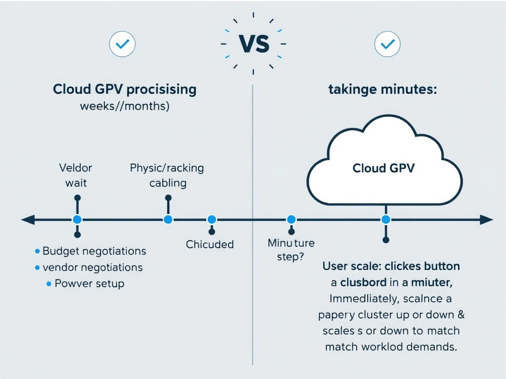 A workflow timeline diagram comparing cloud GPU provisioning versus on-premises procurement. The on-premises track shows multiple steps taking weeks/months: budget approval, vendor negotiations, shipping wait, physical racking/cabling, and power setup. The cloud GPU track shows a single step taking minutes: user clicks button in a dashboard, immediately scaling a cluster up or down to match workload demands.