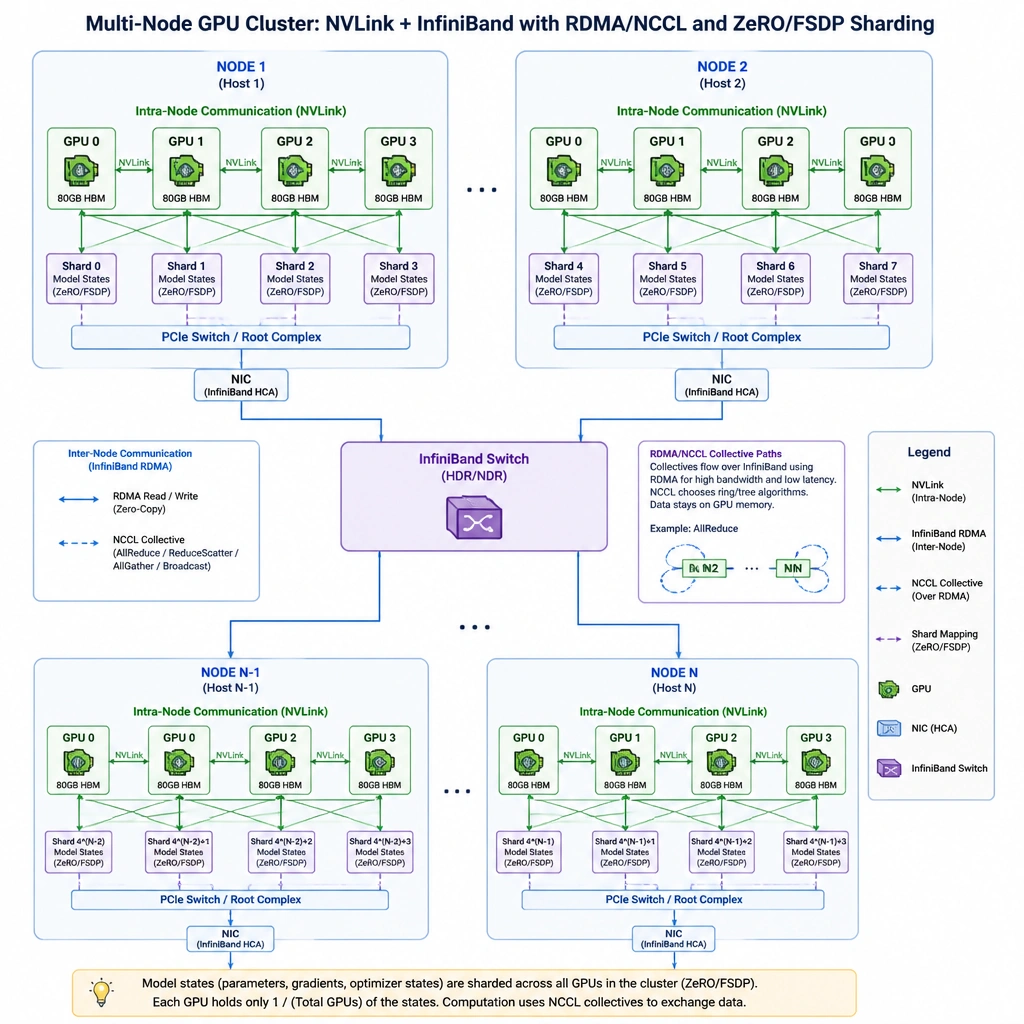 Diagram displaying a multi-node GPU cluster showing intra-node communication via NVLink and inter-node communication via InfiniBand switch, highlighting RDMA/NCCL collective communication paths and sharding of model states (ZeRO/FSDP) across GPUs.