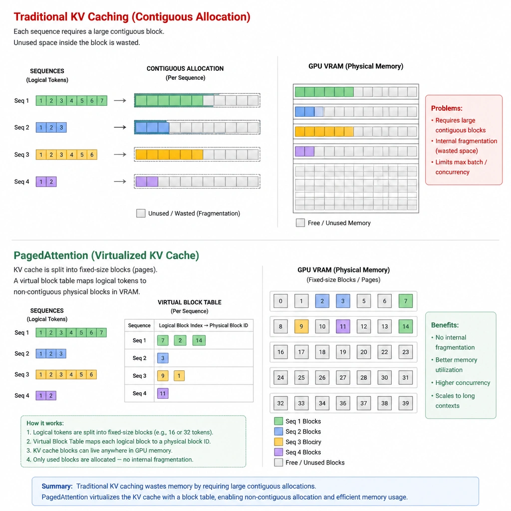 Visual comparison of traditional KV caching (showing contiguous allocation with large blocks of wasted memory/fragmentation) versus PagedAttention (showing a virtual block table mapping logical tokens to non-contiguous physical memory blocks in GPU VRAM).