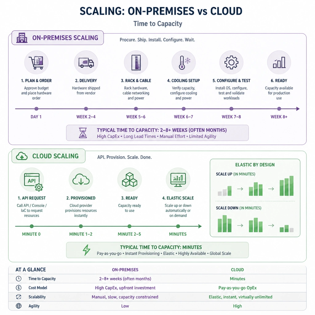 Timeline comparison between on-premises scaling (showing hardware ordering, delivery, racking, cooling setup taking months) and cloud scaling (showing instant API provisioning and elastic scaling up/down in minutes).