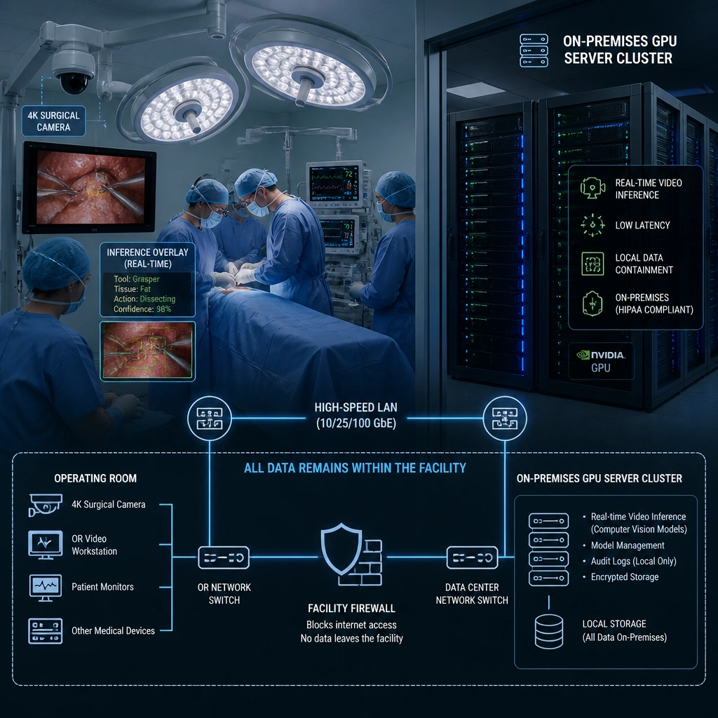 A hospital operating room connected via a high-speed local area network to an on-premises GPU server cluster for real-time video inference, emphasizing low latency and local data containment inside the facility firewall.