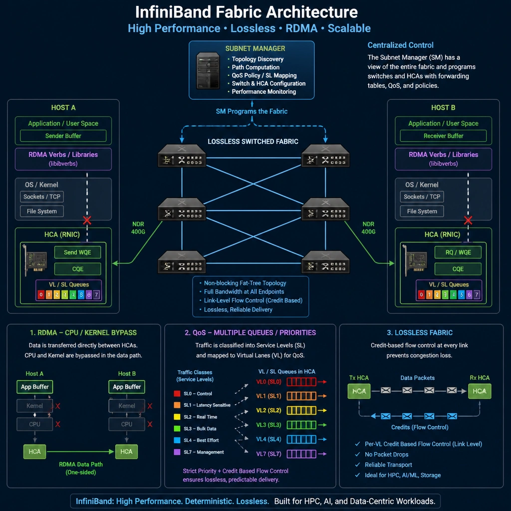 InfiniBand fabric architecture showing a centralized Subnet Manager programming switches, RDMA bypass of CPU/Kernel between two hosts, QoS queues in action, and a lossless switched fabric structure.