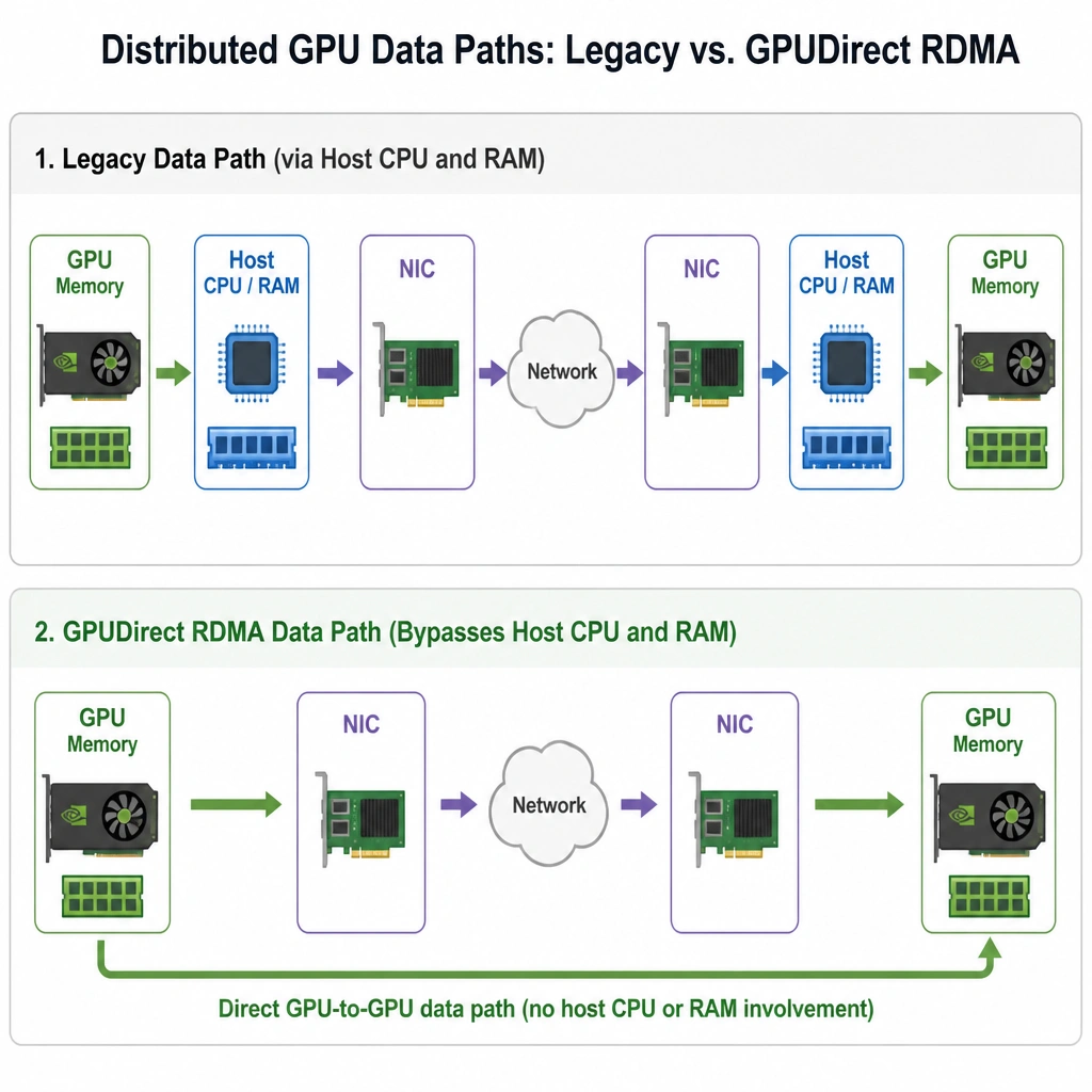 A comparison diagram of distributed GPU data paths. The top path shows the legacy route: GPU memory -> Host CPU/RAM -> NIC -> Network -> Host CPU/RAM -> GPU. The bottom path shows GPUDirect RDMA: GPU memory -> NIC -> Network -> NIC -> GPU memory, showing a direct arrow bypassing the host CPU and RAM entirely.