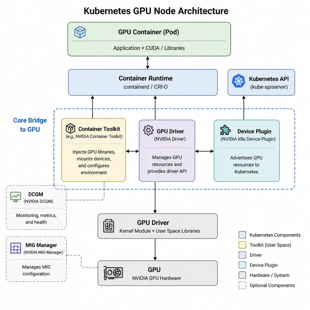 A layered block diagram showing the relationship between components in a Kubernetes GPU node. The hardware layer is the GPU. Directly above is the GPU Driver. To the side is the Container Toolkit interfacing with the runtime, and the Device Plugin interfacing with Kubernetes API. Together, these three form the core bridge to the running GPU Container. Optional components like DCGM and MIG Manager are depicted as separate satellite blocks.