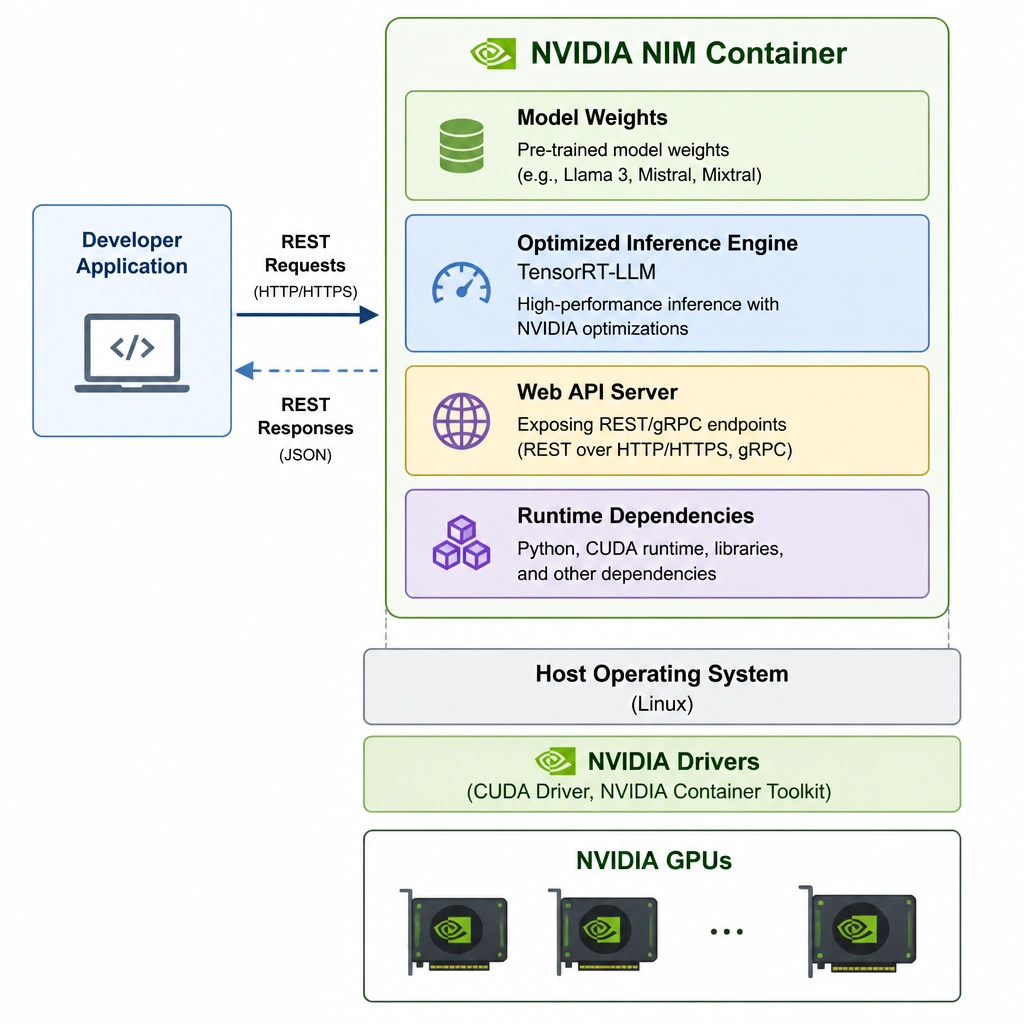 An anatomical diagram of an NVIDIA NIM container. It shows a container boundary containing: a Model Weights layer, an Optimized Inference Engine layer (TensorRT-LLM), a Web API Server layer (exposing REST/gRPC endpoints), and Runtime Dependencies. Outside the container, a Developer Application is shown sending REST requests to the container, which is running on a host OS with NVIDIA drivers and GPUs.