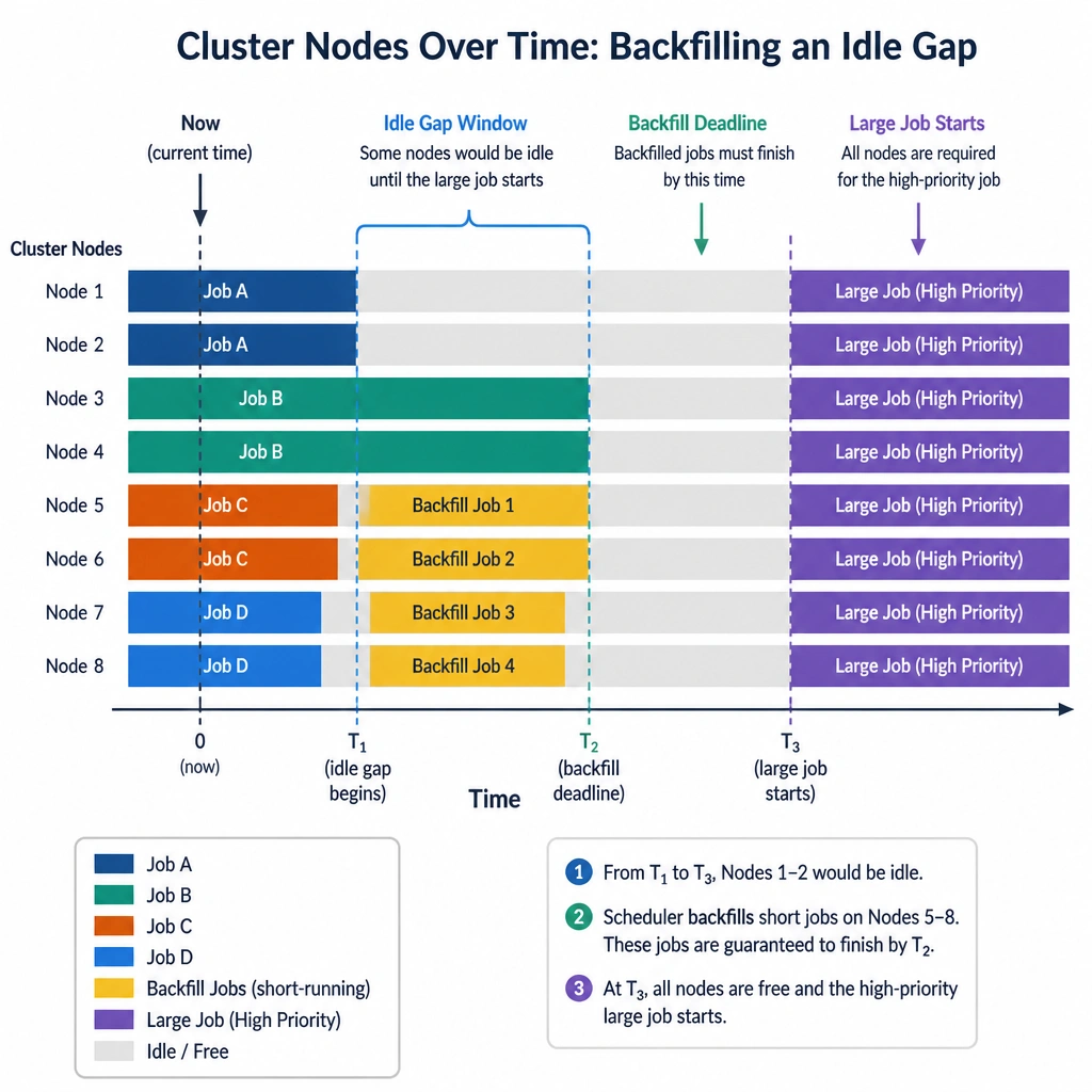 A timeline chart showing cluster nodes over time. A large high-priority job is scheduled to start at a future point once all nodes are free, creating a temporary 'idle gap' on a subset of nodes. The diagram illustrates how smaller, short-running jobs are backfilled into this idle gap, finishing just before the large job begins.