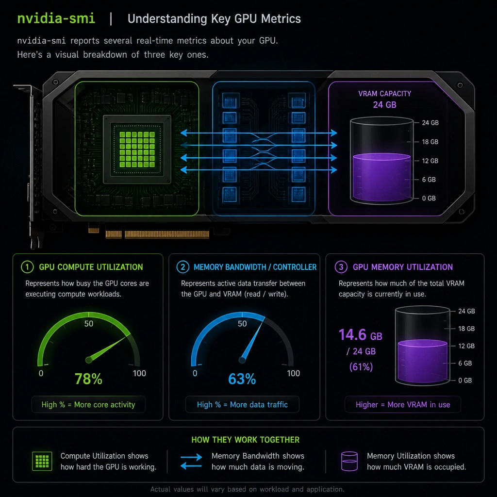 A visual breakdown of GPU metrics under nvidia-smi. A graphical depiction of a GPU shows three distinct meters: 'GPU Compute Utilization' (representing core activity), 'Memory Bandwidth/Controller' (representing active reading/writing traffic), and 'GPU Memory Utilization' (represented as a bucket showing VRAM storage capacity filled to a certain level).