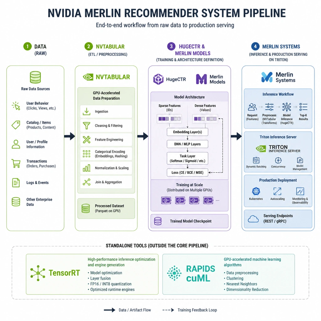 An end-to-end recommender system pipeline diagram mapping the four core NVIDIA Merlin components: raw data flows into NVTabular (ETL/Preprocessing), which feeds into HugeCTR and Merlin Models (Training & Architecture definition), which then exports to Merlin Systems (Inference & Production serving on Triton). Standalone tools like TensorRT and RAPIDS cuML are shown outside this pipeline.